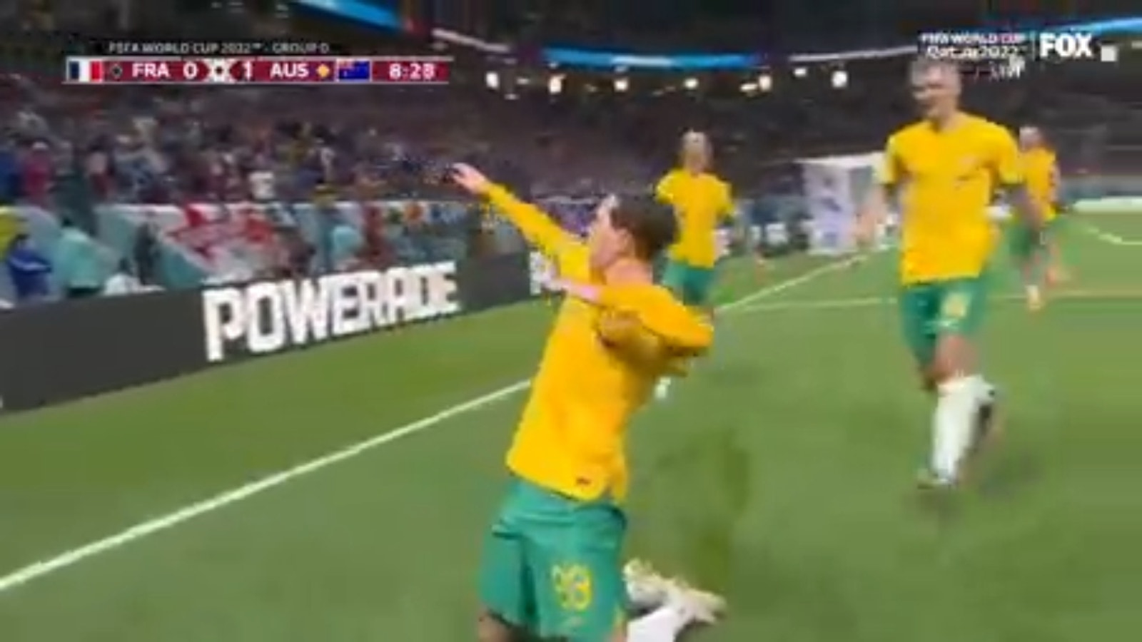 Craig Goodwin strikes first in the 9th minute, giving Australia a 1-0 lead over France
