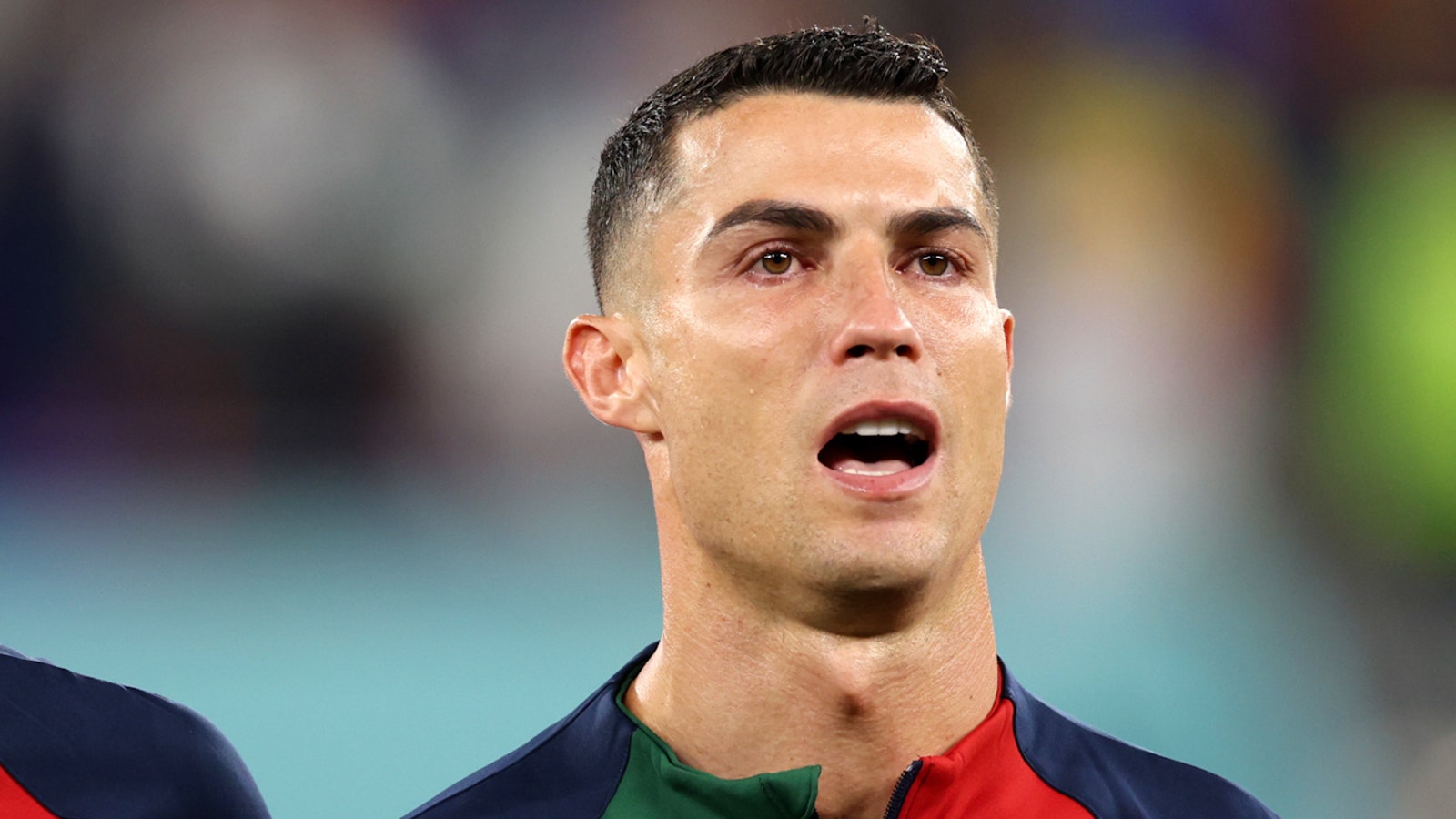 Cristiano Ronaldo cries during the national anthem of Portugal