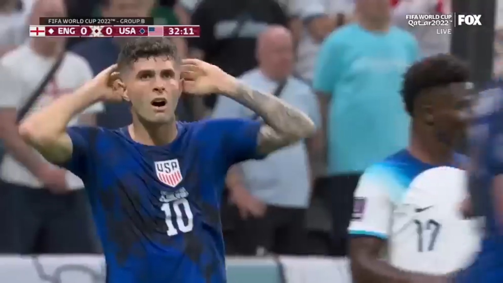 USA's Christian Pulisic's shot from the box hits the crossbar vs. England