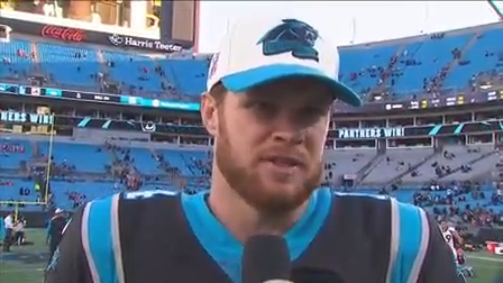 Sam Darnold talks after the Panthers' 23-10 win over the Broncos 