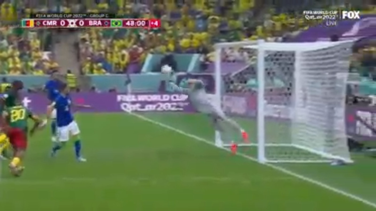 Ederson makes a stunning save on Cameroon's shot to keep Brazil at 0-0 with Cameroon
