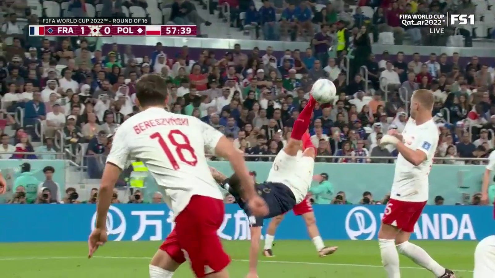 France's Olivier Giroud gets off bicycle kick after foul whistle 