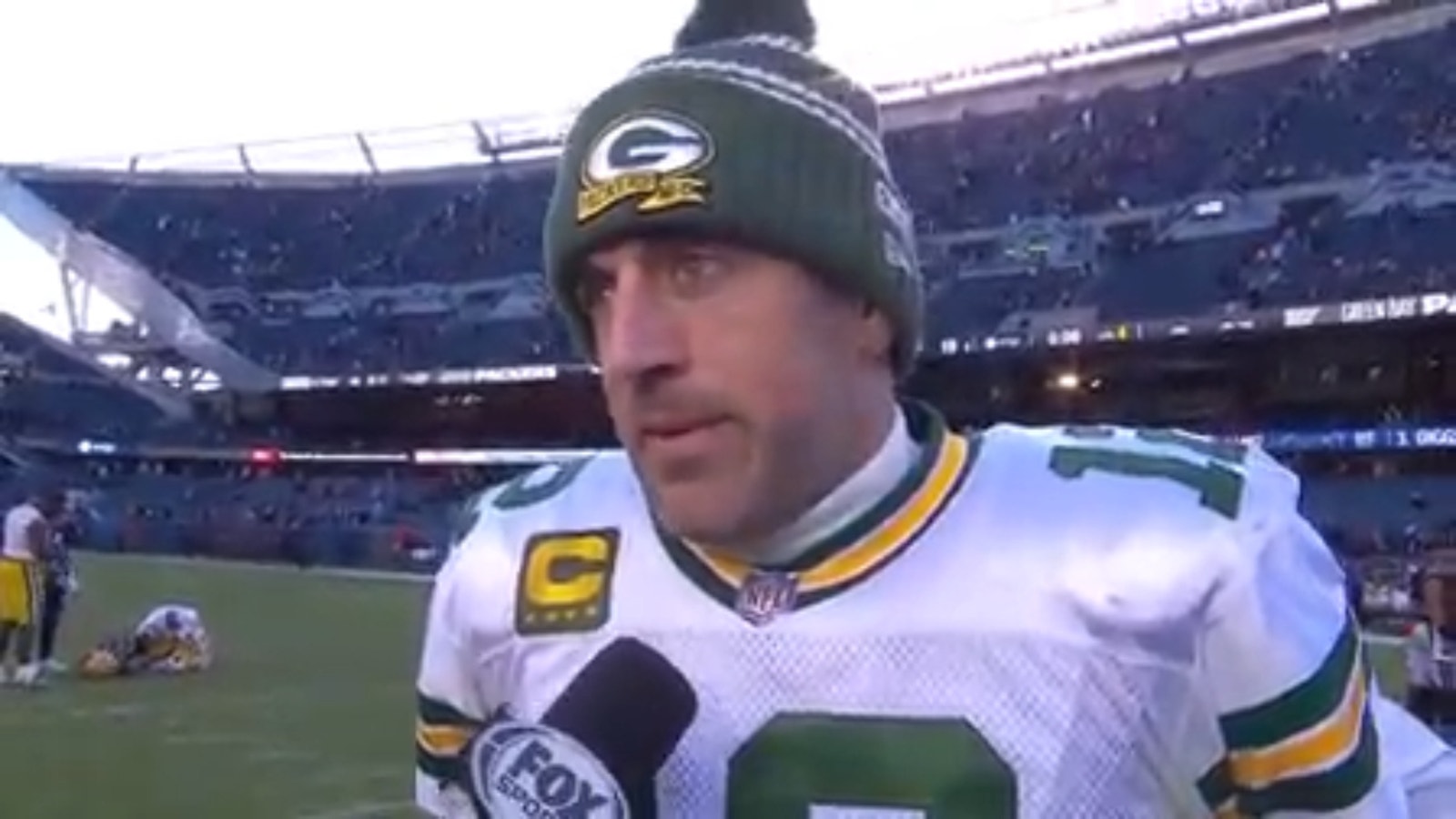 Aaron Rodgers gives postgame interview after the Green Bay Packers' win over the Bears, reminding Chicago fans that "I'm still here."