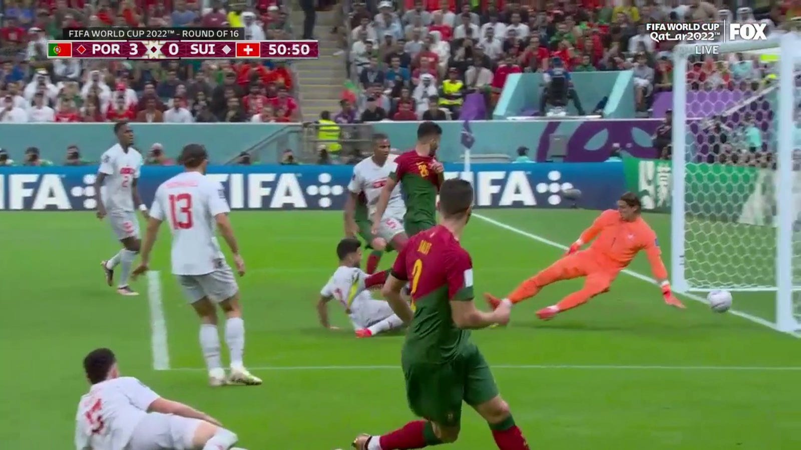 Portugal's Gonzalo Ramos scores in the 50th minute against Switzerland