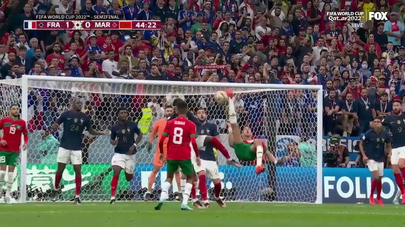 Morocco's Jawad El Yamiq's bicycle kick ALMOST goes in but France's Hugo Lloris denies it 