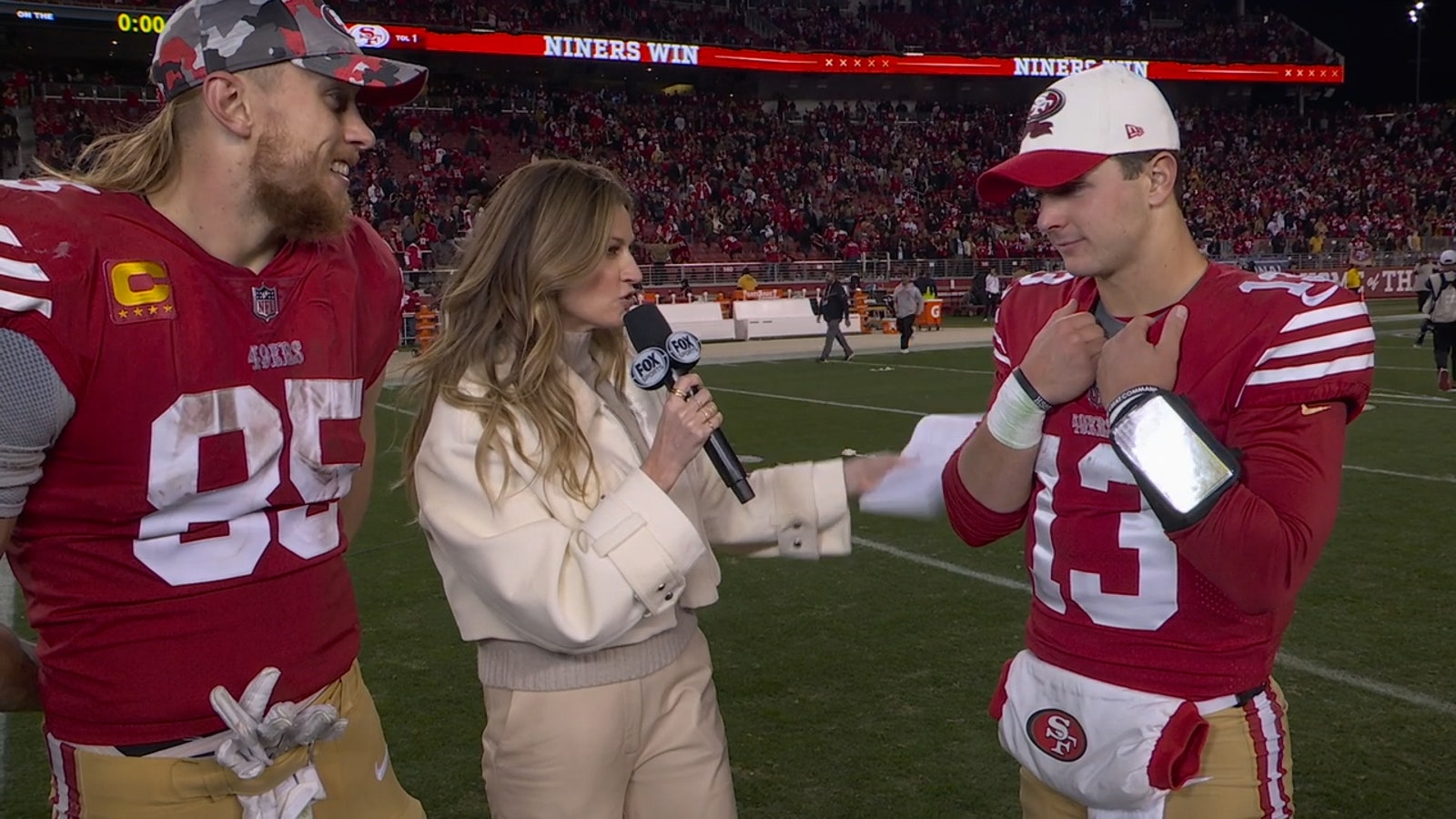 Brock Purdy and George Kittle speak with Erin Andrews