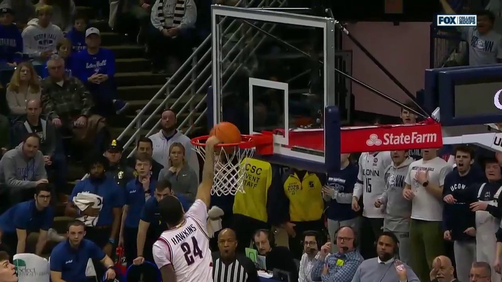 Jordan Hawkins throws down a one-handed jam to give UConn the lead over Seton Hall