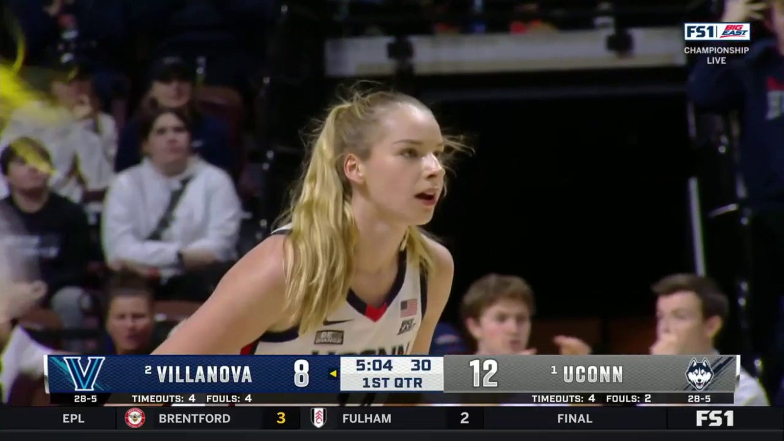 UConn's Dorka Juhasz drains a 3-pointer to extend the Huskies' lead over Villanova