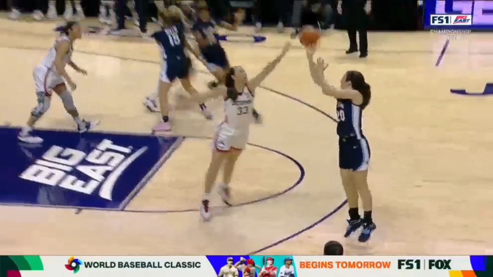 Villanova's Maddy Siegrist pump fakes UConn, drains a 3-point jumper in the second quarter