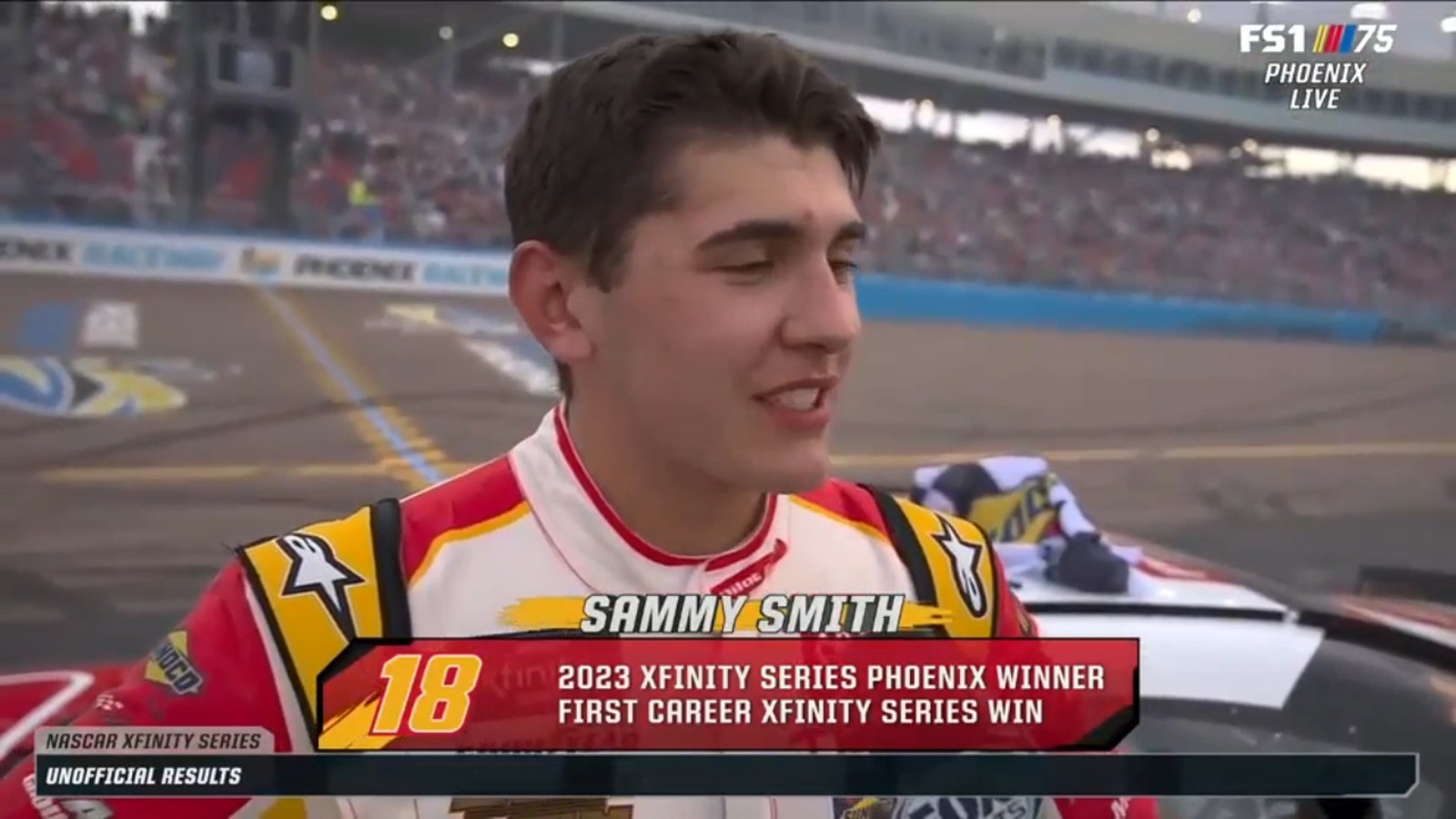 Sammy Smith reacts after his first career Xfinity Series victory
