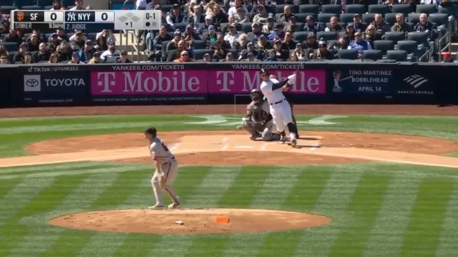 Yankees' Aaron Judge sends a solo shot to center field in first at-bat of the season