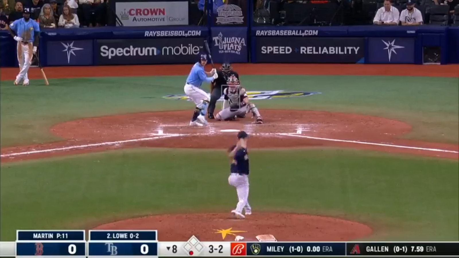 Brandon Lowe hits a solo homer to right field to give the Rays a 1-0 lead over the Red Sox
