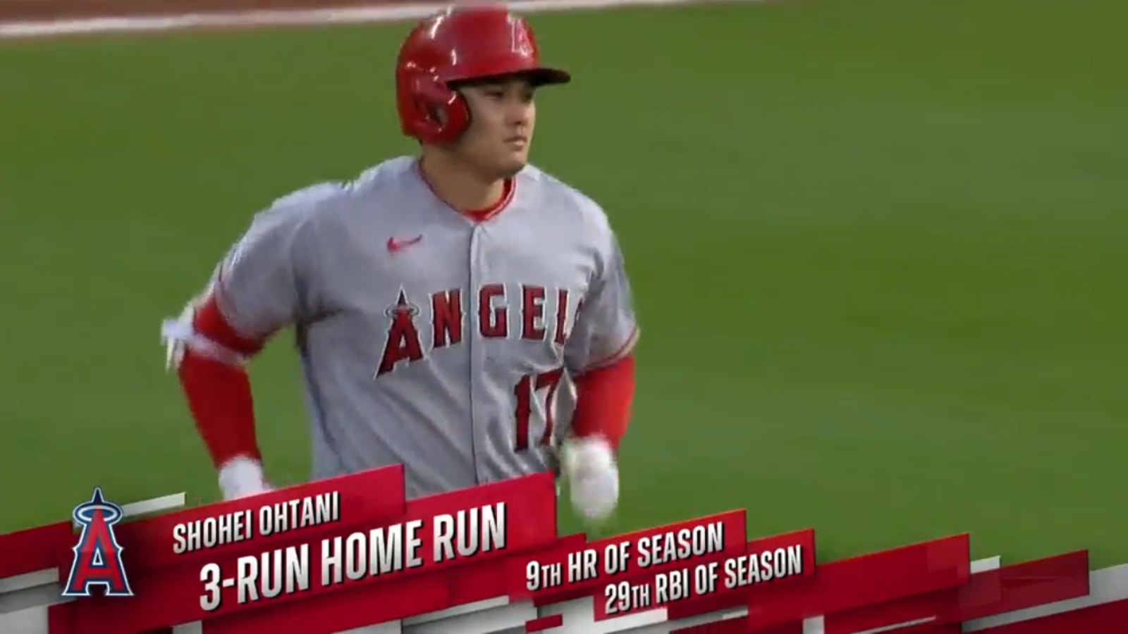 Shohei Ohtani hits a three-run homer to right-center field