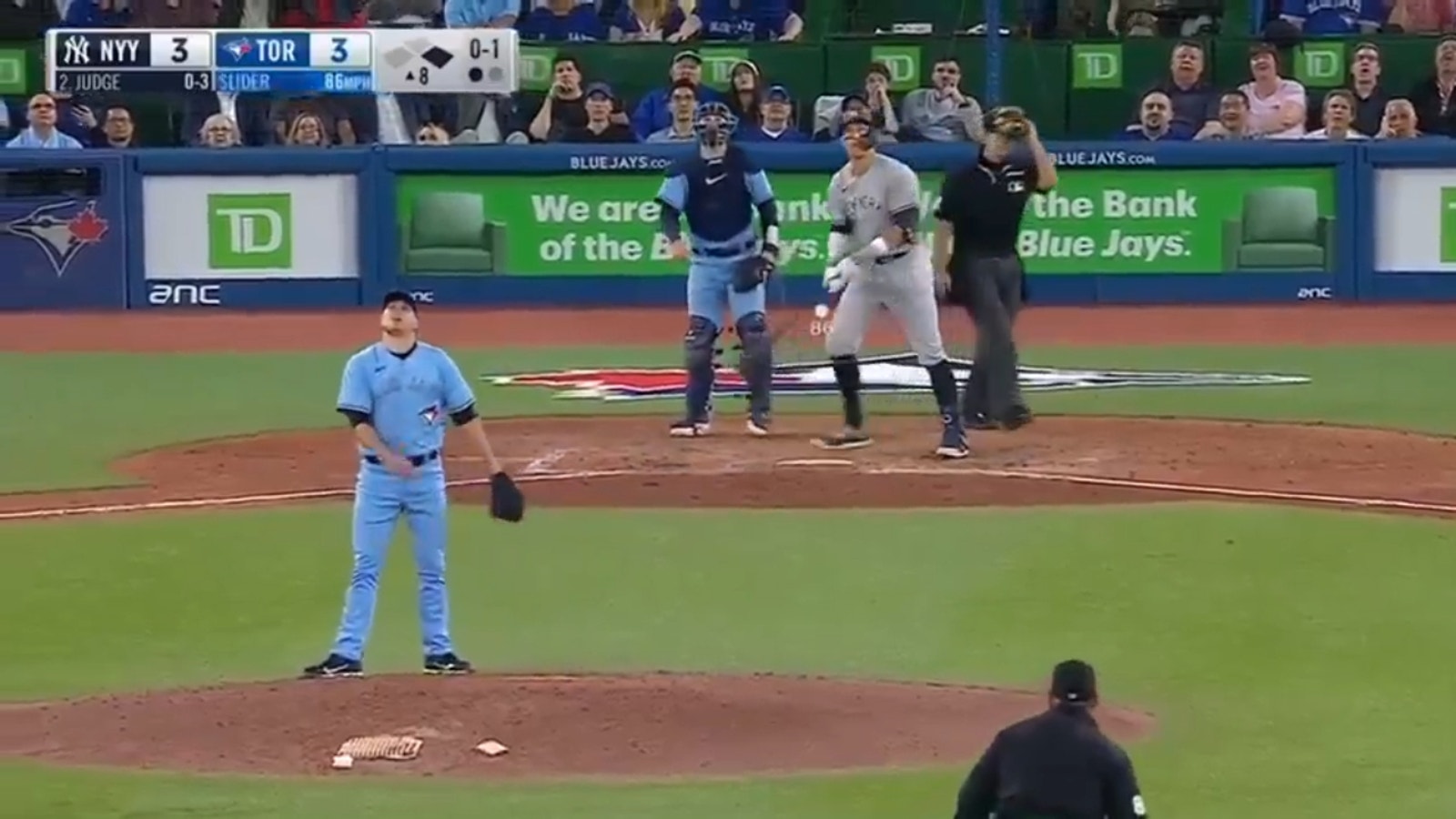 Aaron Judge of the Yankees hits a two-run homer in the eighth against the Blue Jays