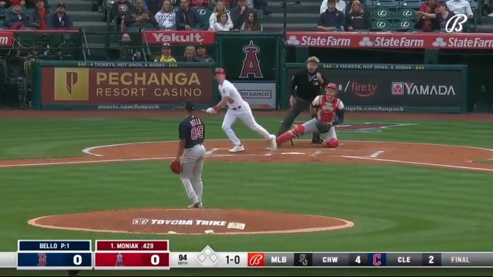 Angels' Mickey Moniak hits a leadoff home run against the Red Sox