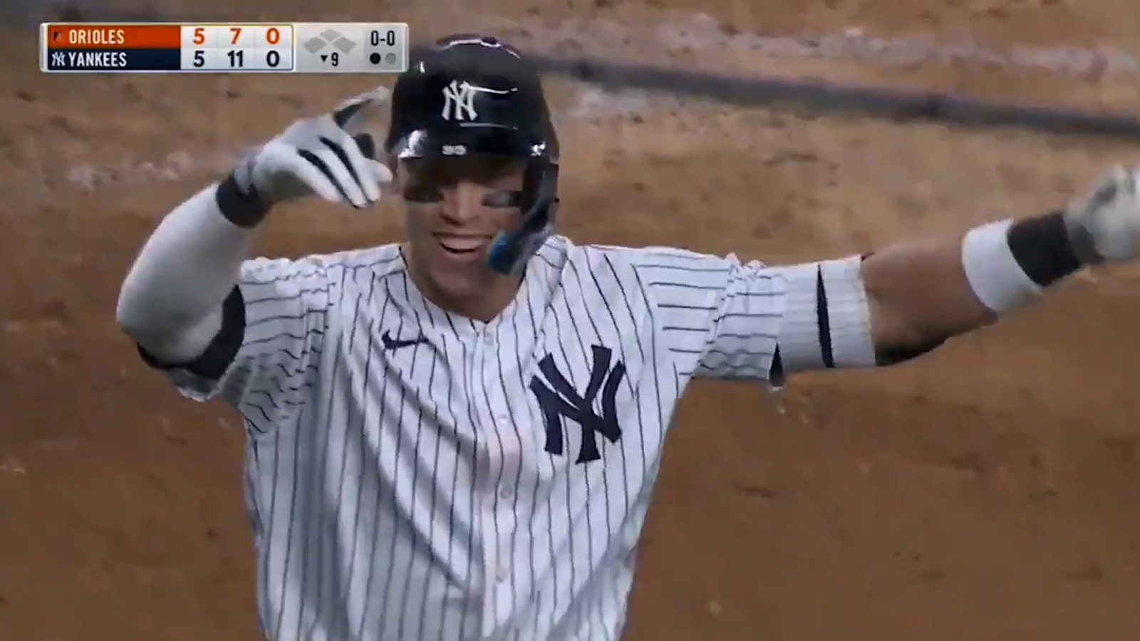 Aaron Judge of the Yankees hits a solo home run to tie the game against the Orioles