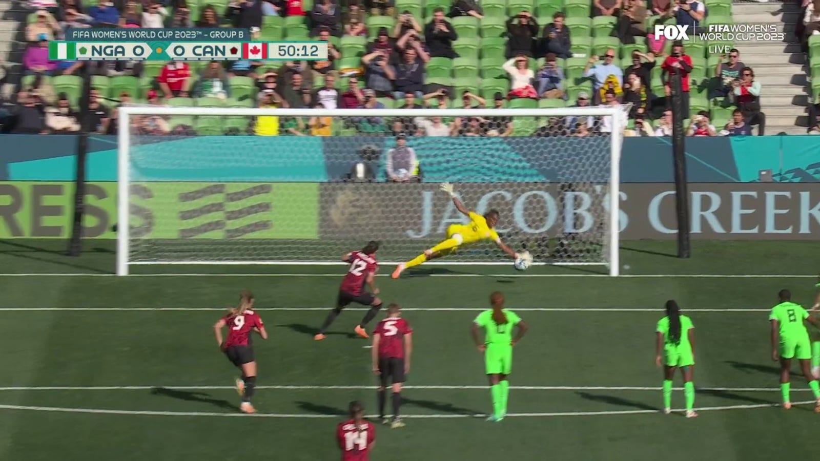 Nigeria's Chiamaka Nnadozie makes a STUNNING SAVE on a PK from Canada to keep the game scoreless