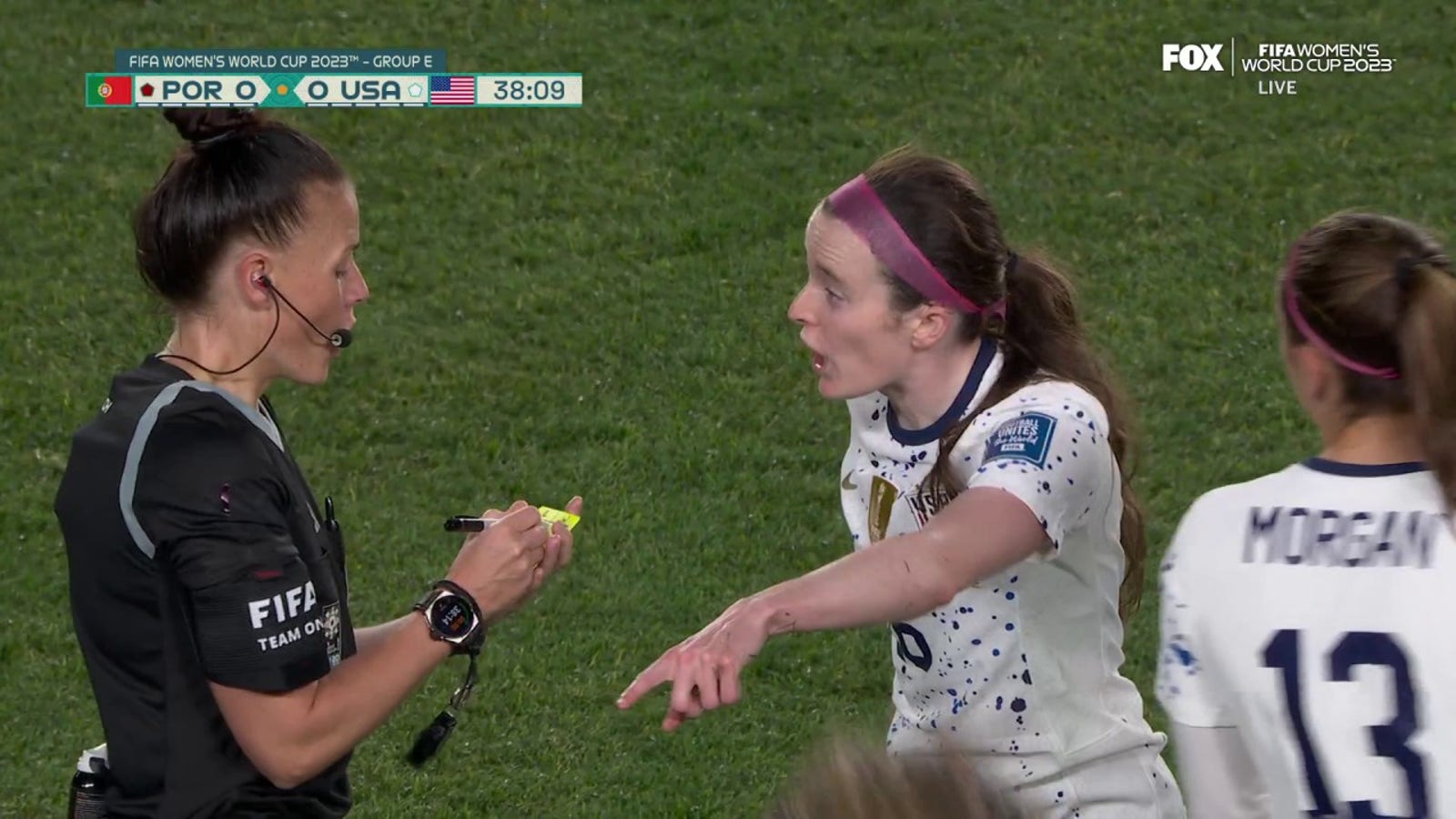 USWNT's Rose Lavelle receives a yellow card vs. Portugal