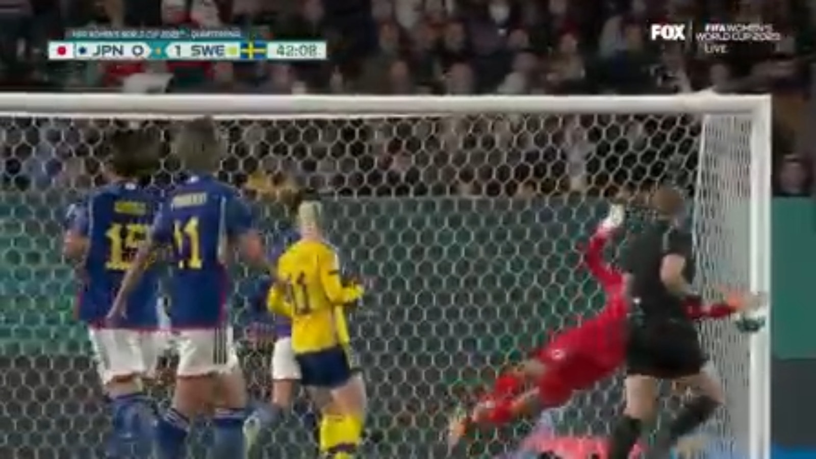 Swede's shot, Stina Plakstenius, hits the post after Ayaka Yamashita cleared it off the post.