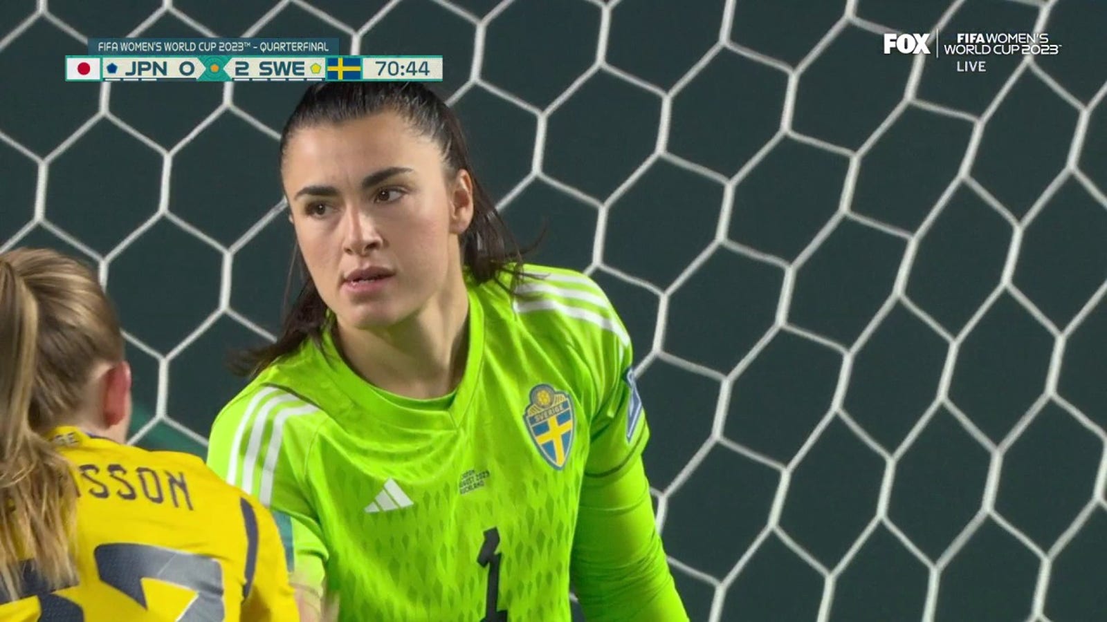 Zysira Mosović saves a shot on goal to keep Sweden's lead against Japan 2-0