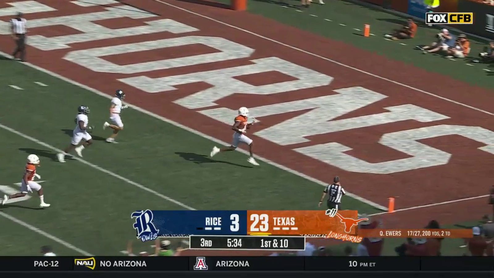Quinn Ewers connects with Ja'Tavion Sanders for a 44-yard touchdown as Texas extends their lead over Rice