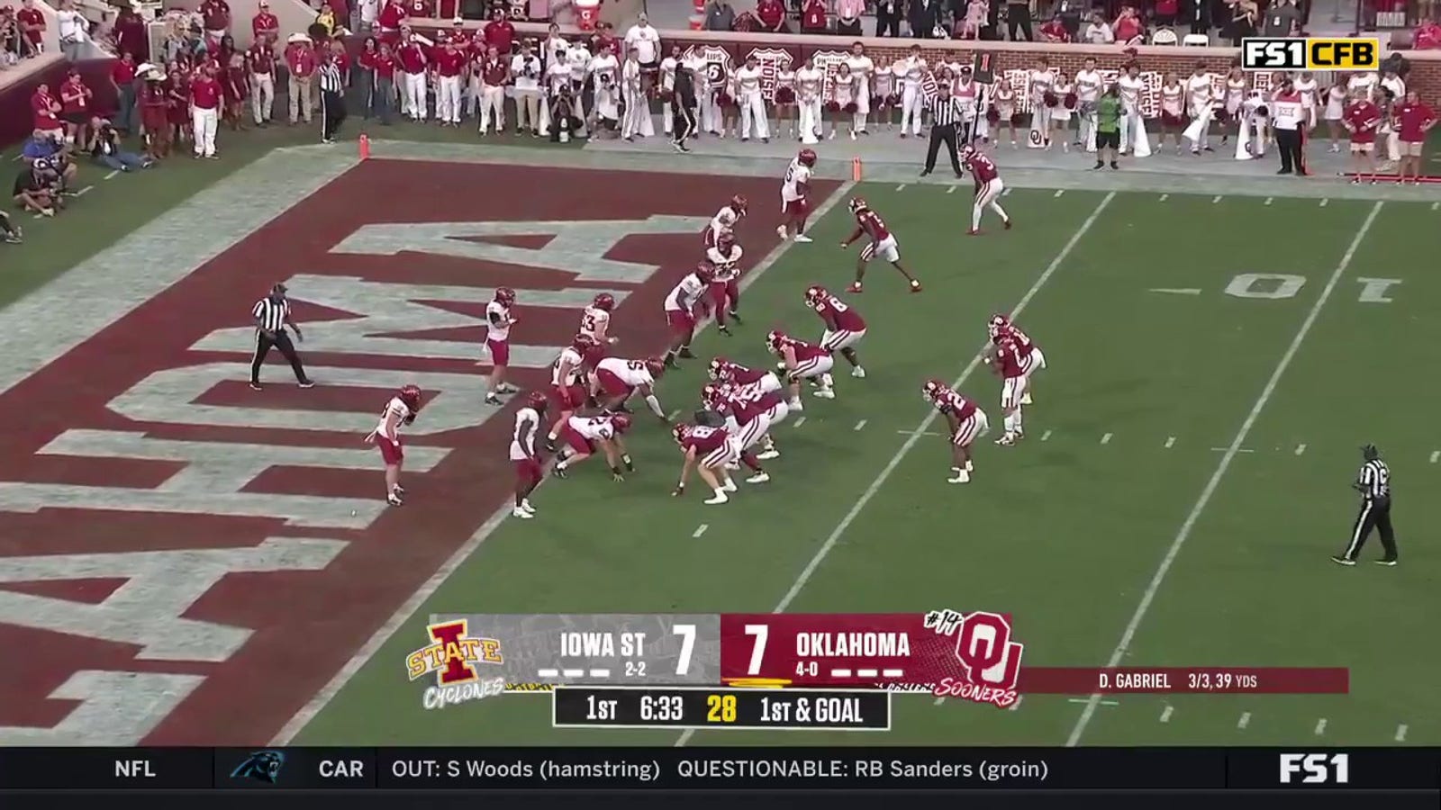 Dillon Gabriel punches in on a one-yard rushing TD to give Oklahoma a 14-7 lead over Iowa State