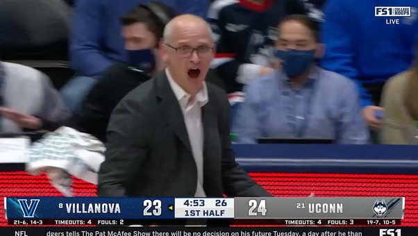 UConn's head coach, Dan Hurley, throws a tantrum after being ejected for receiving his second technical foul against Villanova