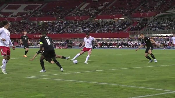 Pierre-Emile Hojbjerg gives Denmark a 1-0 lead over Austria