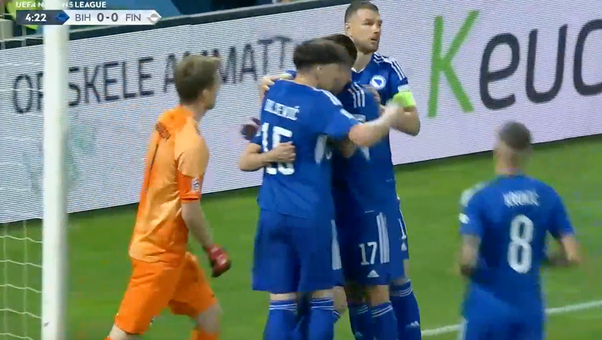 Bosnia goes ahead early after Miralem Pjanic's penalty kick in the 5th minute