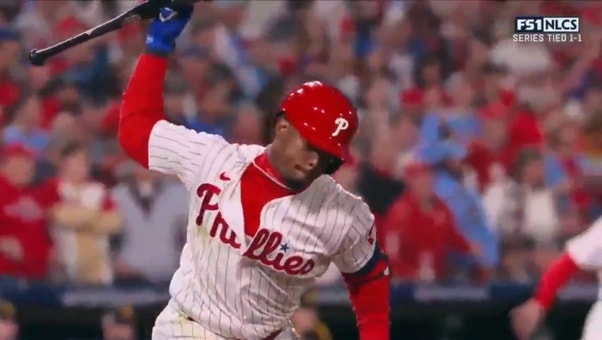 Phillies' Jean Segura drives in two with a single and slams bat afterwards as Phillies take a 3-1 lead