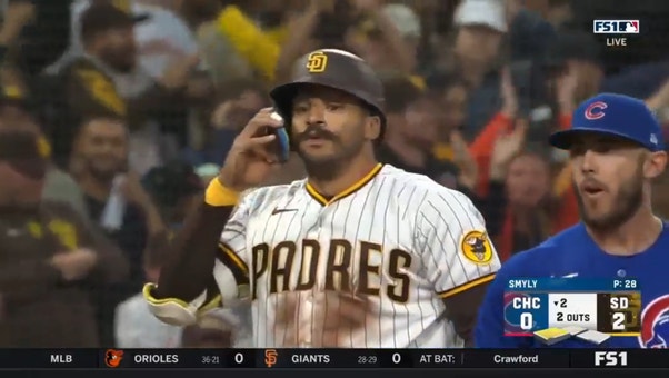 Padres' Trent Grisham smacks an RBI double to right-center, extending the lead over the Cubs 2-0
