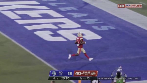 Stallions' Alex McGough connects with Josh Johnson, who takes it 33 yards to the house for a TD, giving McGough his fifth TD against the Breakers