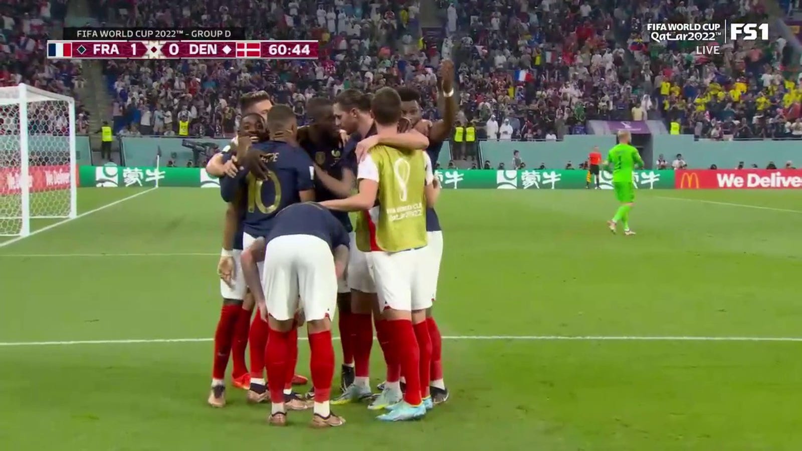 France's Kylian Mbappe scores a goal against Denmark in the 61st minute