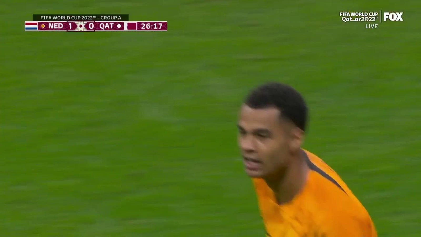 Dutch Cody Gakpo scores a goal against Qatar in the 26th minute