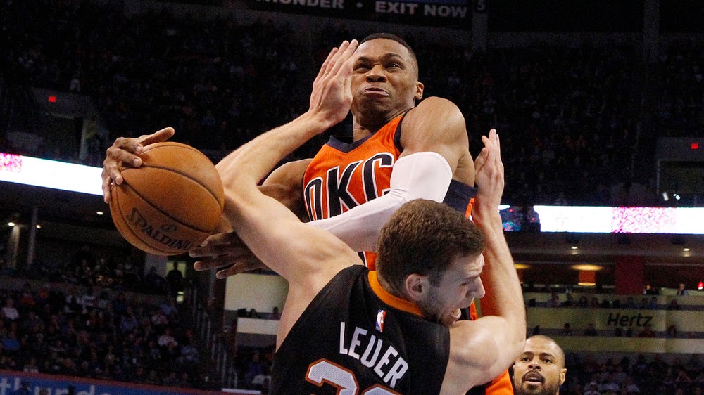 Watch Russell Westbrook steal the ball and get creative with his fastbreak slam