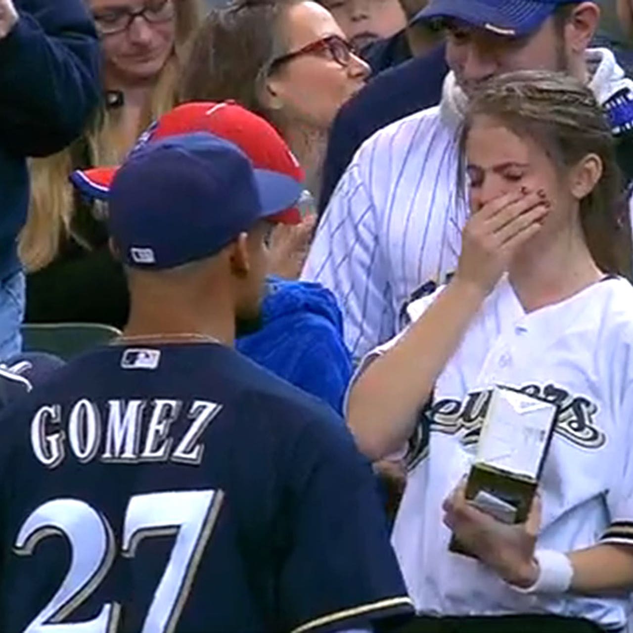 Brewers' Gomez hug before game makes young fan cry