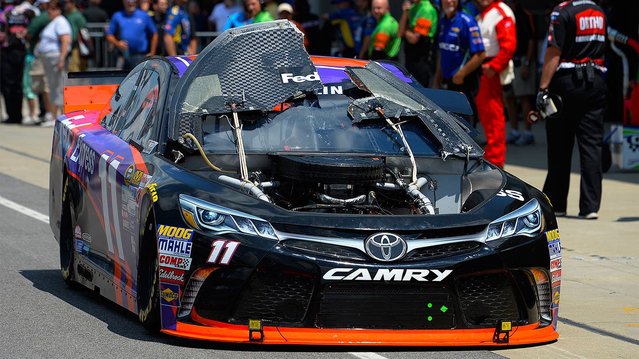 Denny Hamlin's hood flies up, damages car in second Indy practice