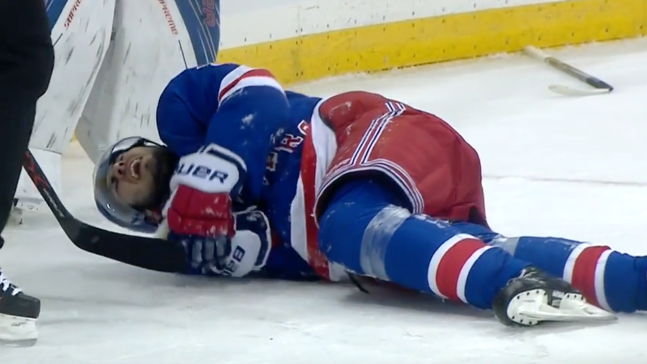 Mika Zibanejad suffers gruesome broken leg after sliding into boards