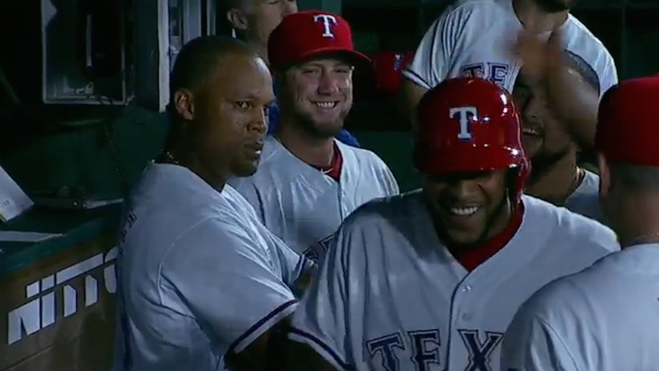 Adrian Beltre stares down Elvis Andrus for trotting out of box on a ball that hit the wall