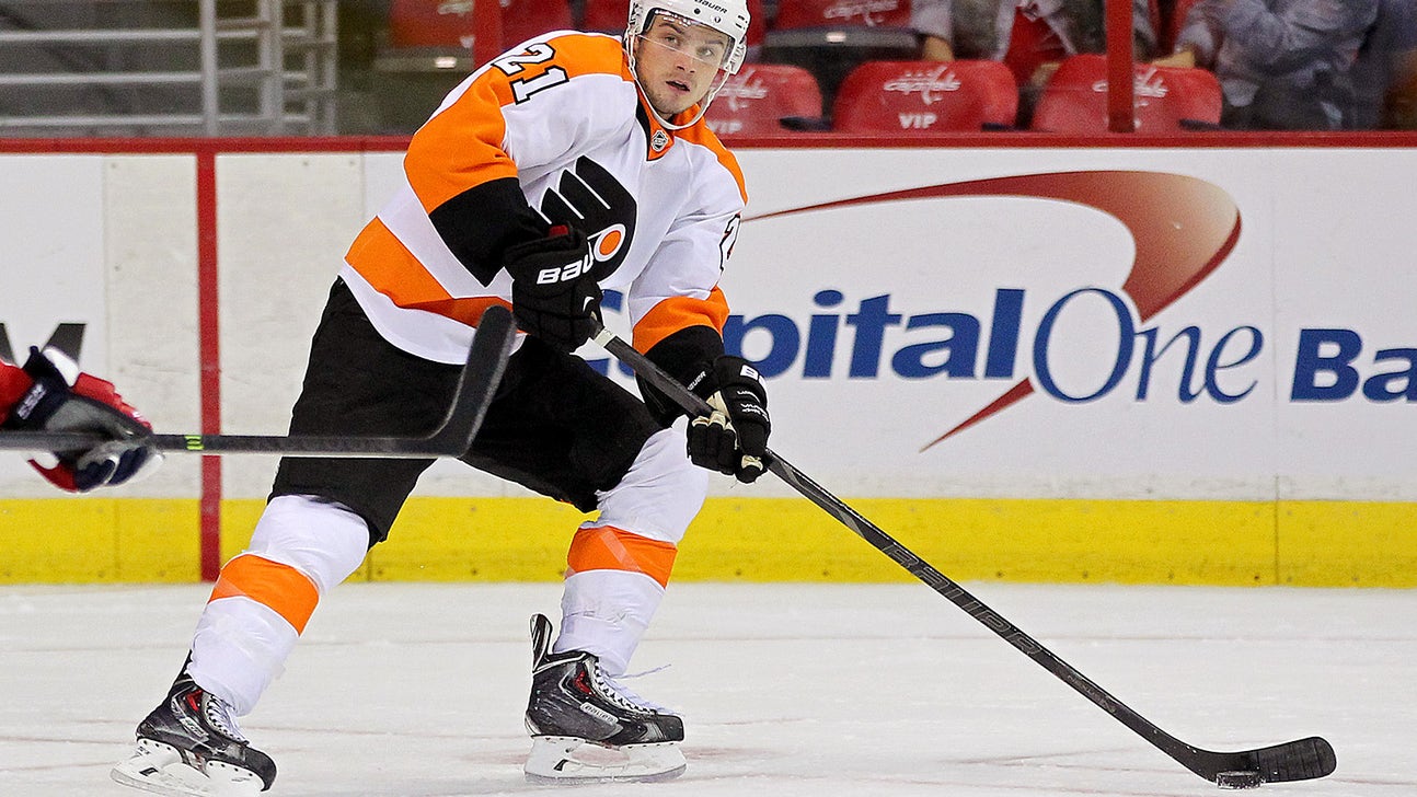 Flyers' Laughton Dabs after scoring goal versus Hurricanes