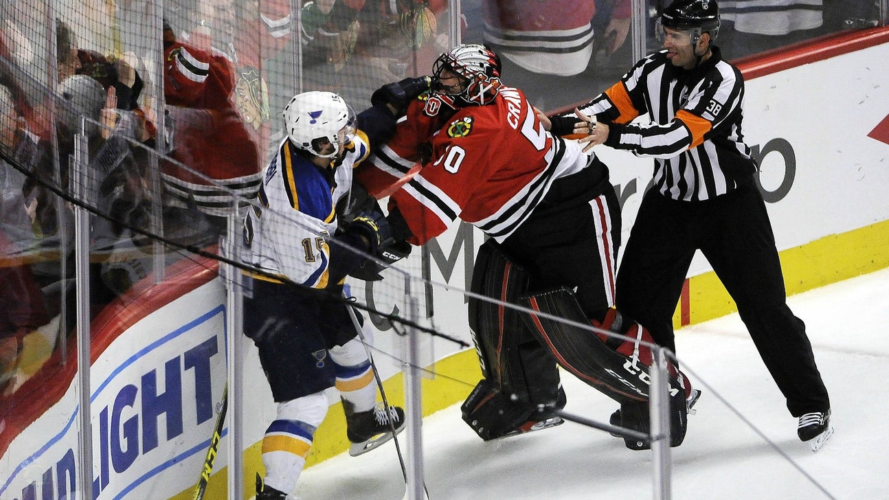 Blackhawks goalie Corey Crawford starts a brawl after collision at net