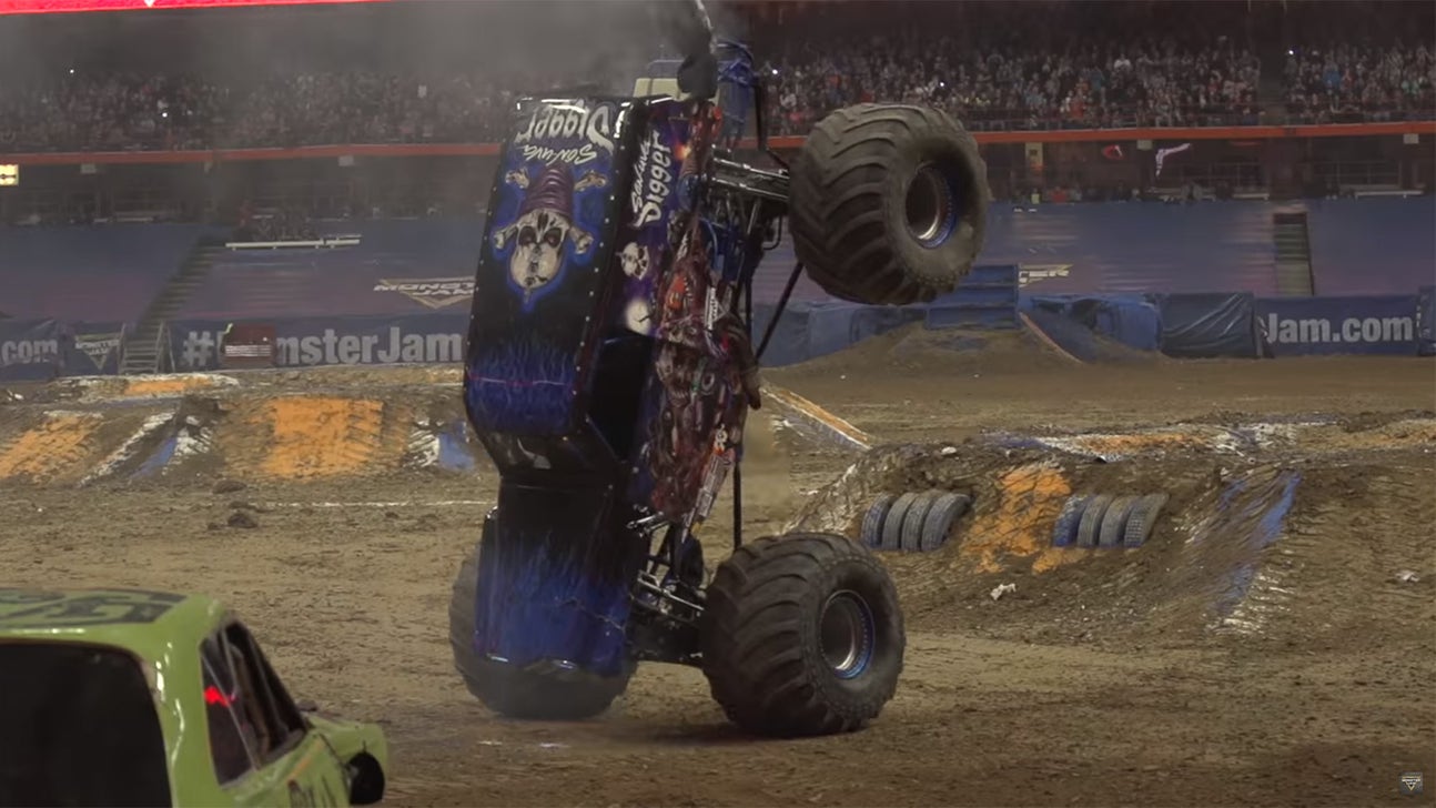 Monster Jam driver pulls off reverse wheelie in Syracuse