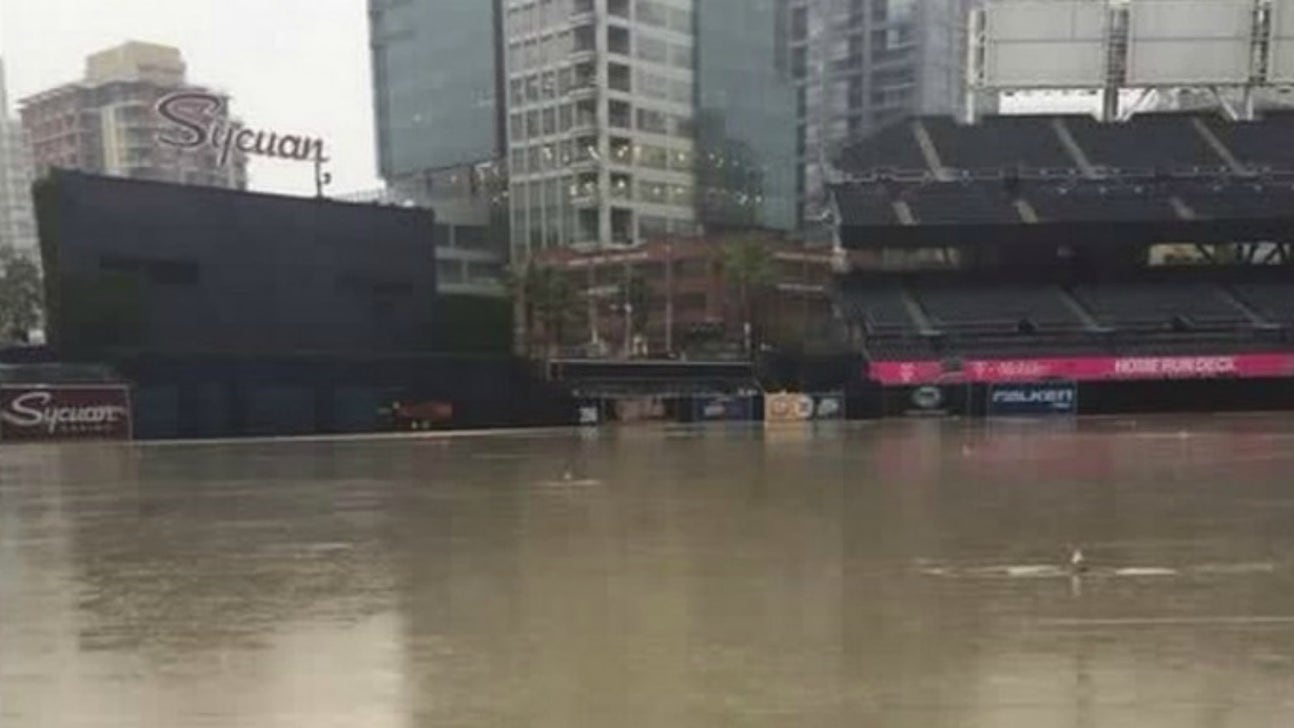 Incredible image shows the flooded playing field at Petco Park
