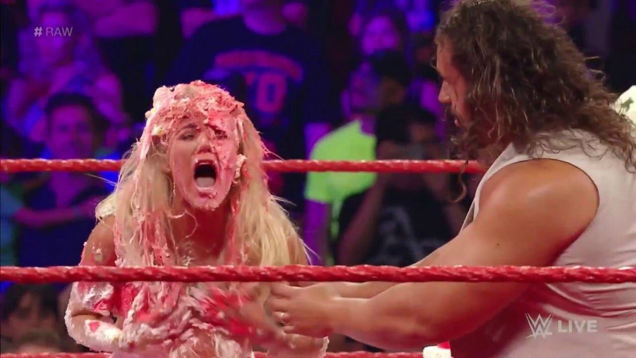 WWE star Lana gets pushed into a cake during wedding celebration on Raw