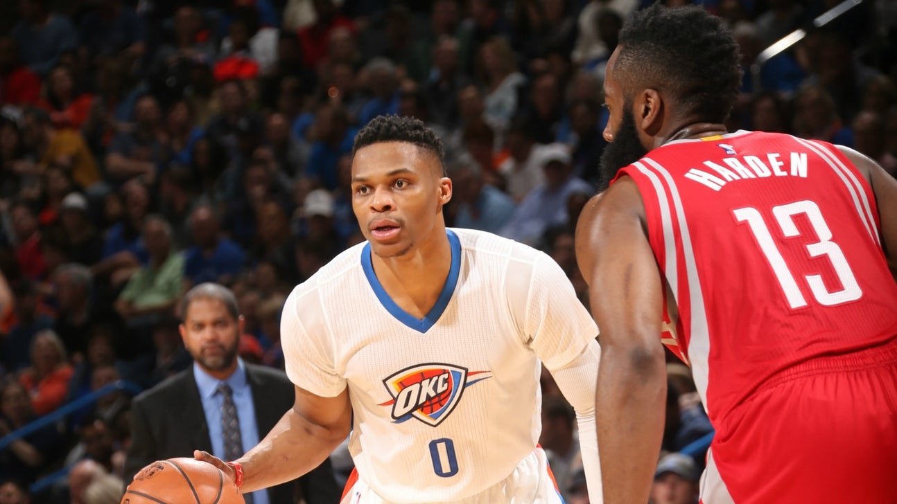 James Harden inexplicably moves out of Russell Westbrook's way on a fast break