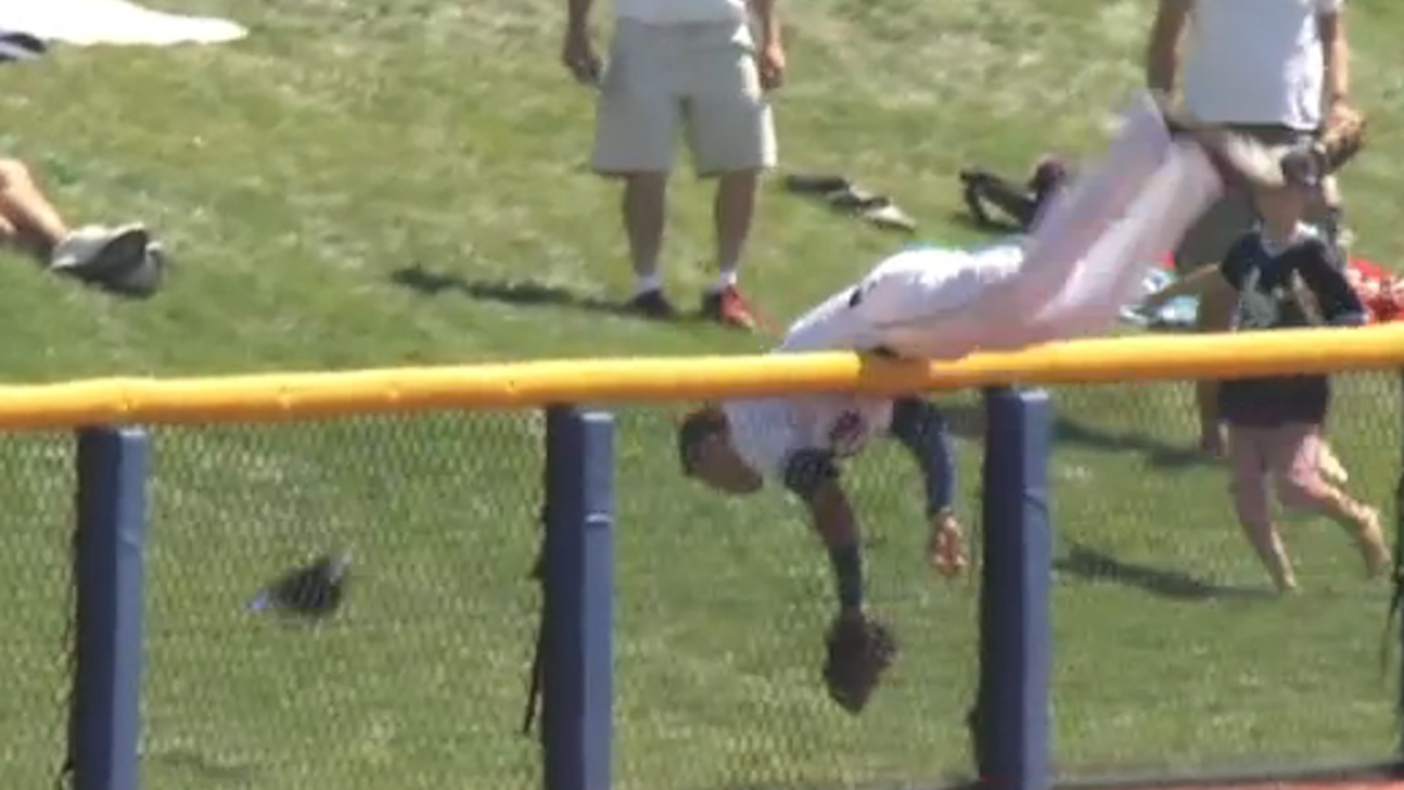 Baseball player goes flying over fence to make spectacular diving grab