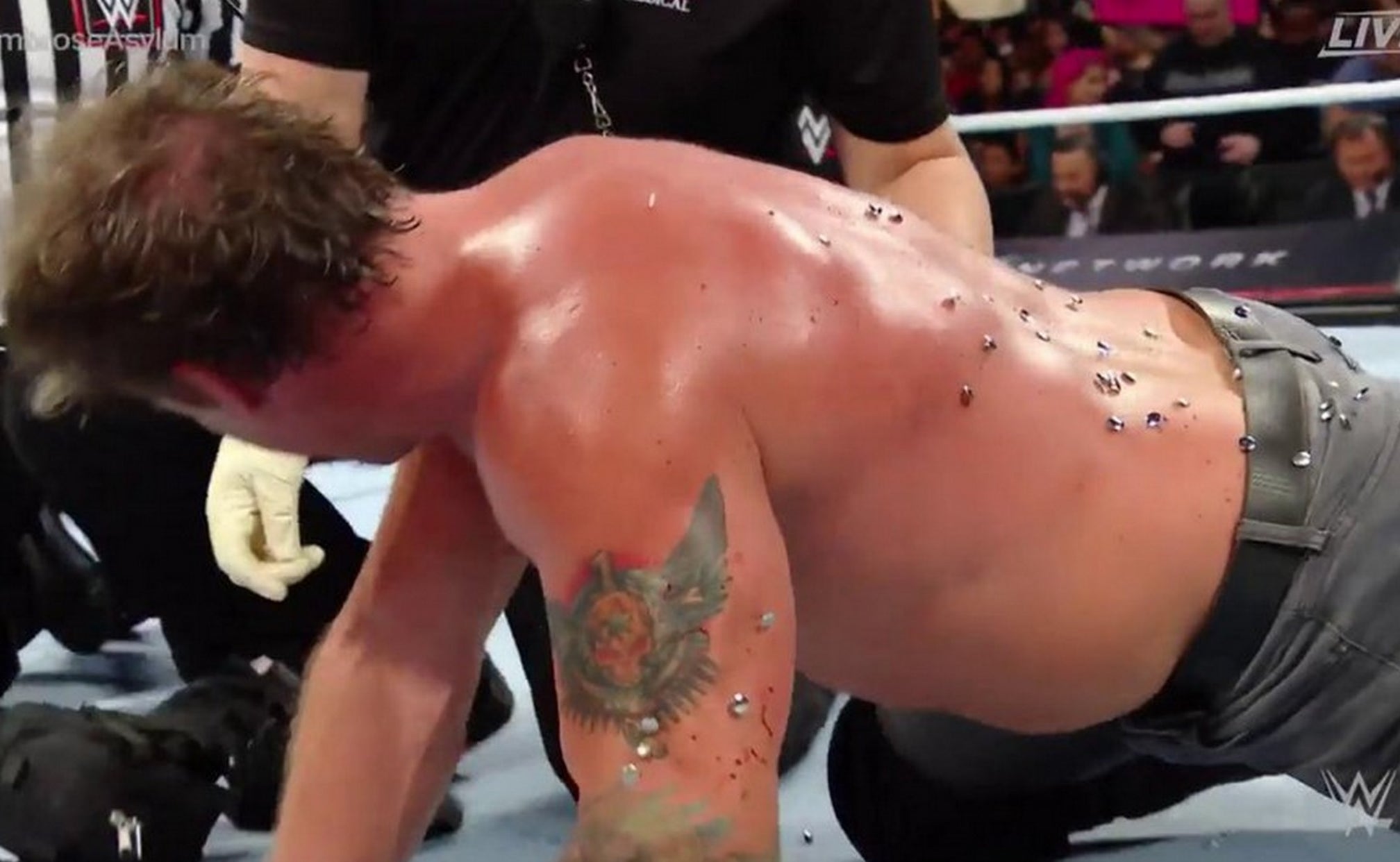 chris-jericho-got-slammed-onto-thumb-tacks-at-wwe-extreme-rules-fox