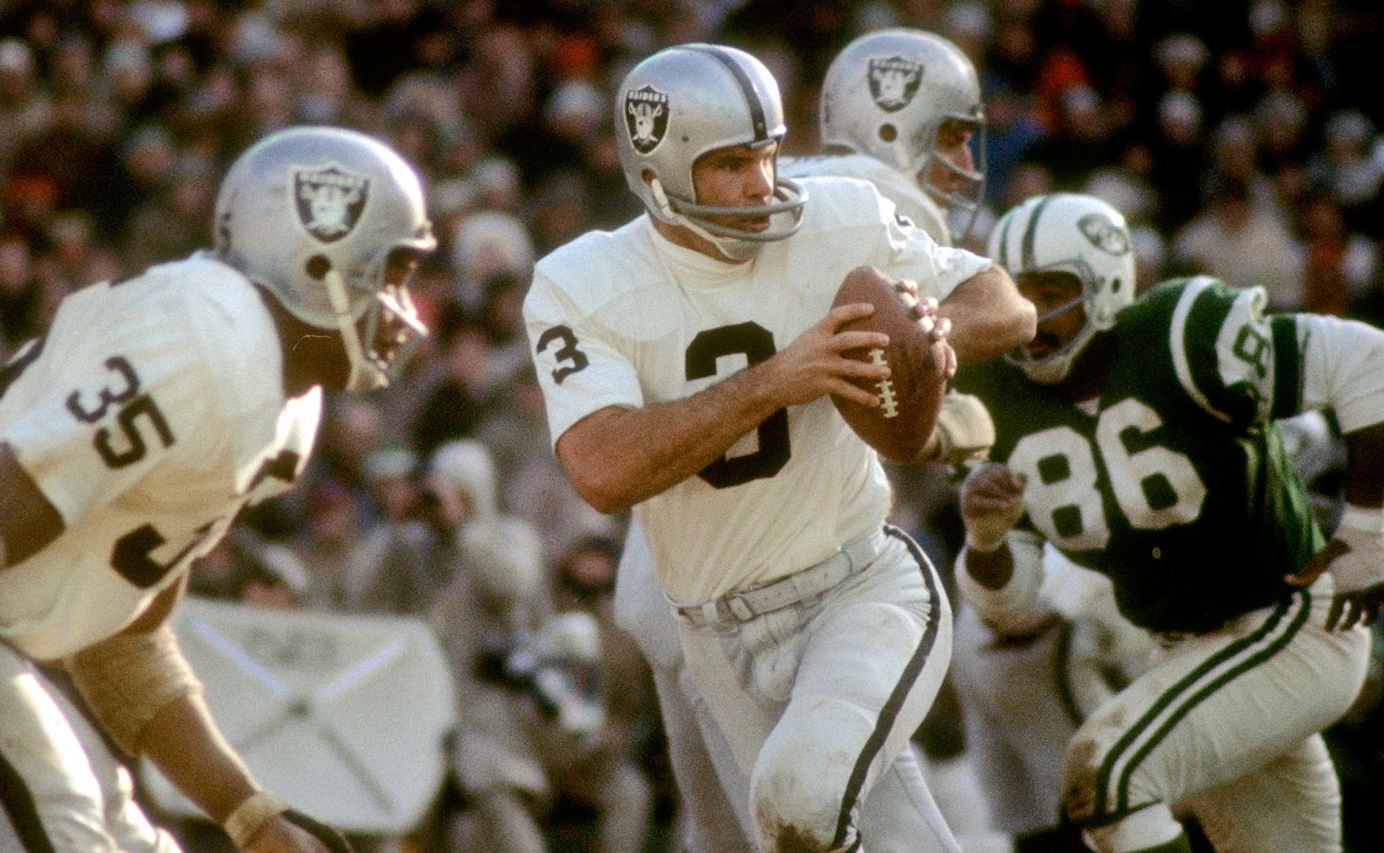 Joe Namath, New York Jets benefited from a backward pass recovery in