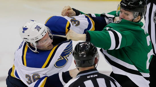 Stars blank Blues 3-0 in fight-filled game in Dallas