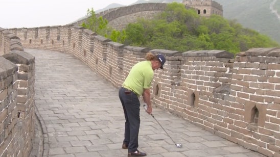 Miguel Angel Jimenez hit a golf shot from atop the Great Wall of China